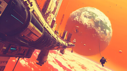 a spacewalk tethered to a rotating space habitat with Earth in the distance 