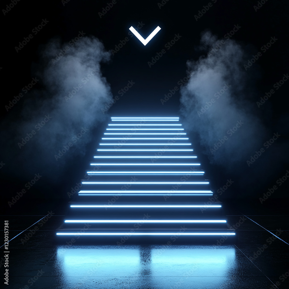 Poster a set of glowing neon stairs illuminated with soft light, leading upwards under a dark atmosphere, w