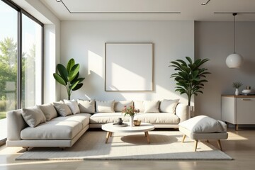 Bright, airy modern living room with minimalist decor, white walls, contemporary
