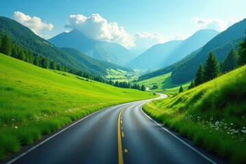 Naklejka premium A winding road disappears into a vibrant green valley , adventure, way