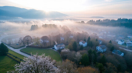 Sun shining through fog covering valley and houses at sunrise