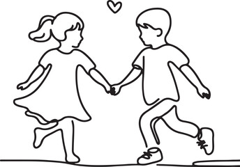 Toddler Bonding Captured in Line Art. Boy and Girl Running Hand in Hand – Creative Design Ideas