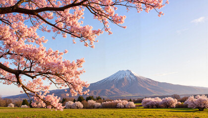 Cherry blossoms framing snow-capped mountain landscape