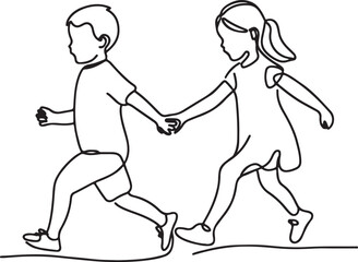 Toddler Bonding Captured in Line Art. Boy and Girl Running Hand in Hand – Creative Design Ideas