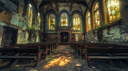 Obraz premium Sunlit Ruins: An Abandoned Church's Sacred Silence
