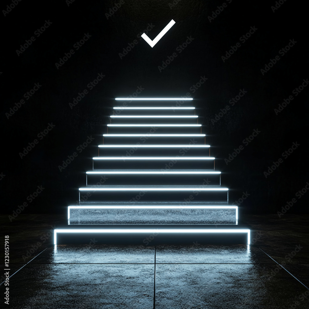 Aufkleber a glowing set of stairs illuminated with bright neon light leading upward with a checkmark symbol at
