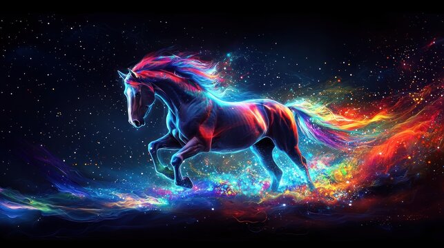 A vibrant cosmic horse gallops through a nebula