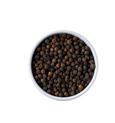 black pepper seeds in a ceramic bowl isolated on white background, top view.