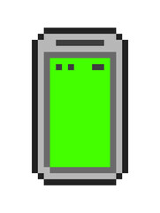 Pixel art, isolated: a grey smartphone with tiny basic buttons and a green screen.
