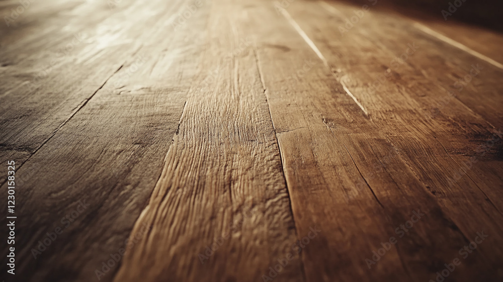 Poster A close-up view of an aged, rustic wooden floor with visible grain patterns and texture, symbolizing warmth, craftsmanship, or a vintage style.