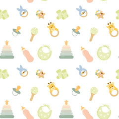 Seamless baby pattern with pacifiers, rattles, stacking rings, bottles, bibs, and socks in soft pastel colors. Perfect for nursery decor, baby shower invitations, fabric prints, and kids' products.