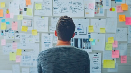 Man reviewing project strategy on a wall covered with notes, sketches and diagrams