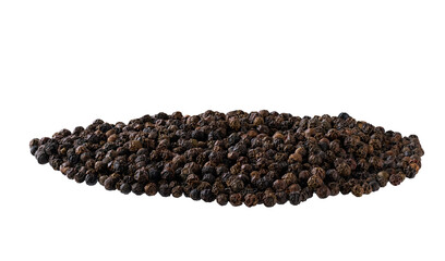 heap black pepper seeds isolated on white background. Pile of black pepper peas isolated.