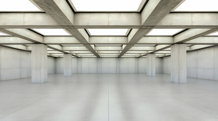 Modern concrete hall, bright ceiling, empty space, architectural design