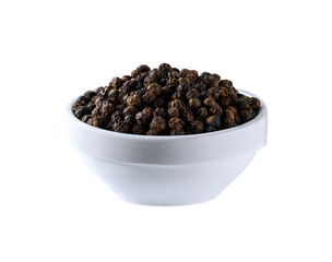 Ceramic bowl with black peppercorns isolated on white background.