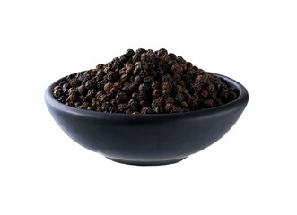 black pepper seeds in a black ceramic bowl isolated on white background.