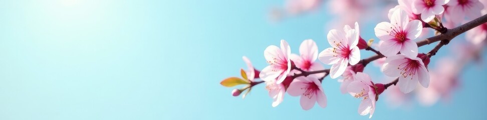 Branch with blooming cherry blossoms against a pale blue sky, greenery, sakura