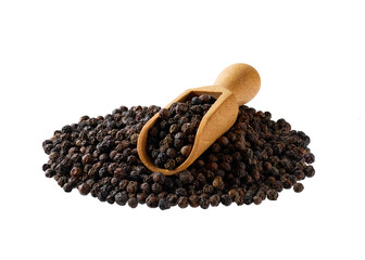 black peppercorns in a wooden serving scoop isolated on white background.