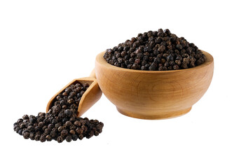 black pepper seeds in a wooden bowl isolated on white background.