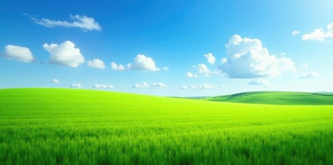 Obraz premium Open landscape with vast green field under blue sky, outdoors, wide view