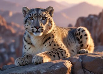 Obraz premium Snow leopard crouched on a rocky ledge watching the fading light of sunset, warm tones, rock ledge
