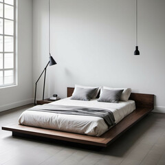 Low Platform Bed – A minimalist bed with a low, simple wooden or upholstered frame, almost flush with the floor.