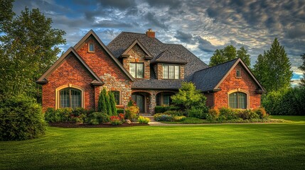 Obraz premium Majestic Brick House, Suburban Dream Home, Landscaped Gardens, Evening Light