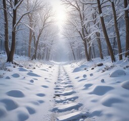 Obraz premium Snowy path leading through a winter wonderland, nature, snowy path