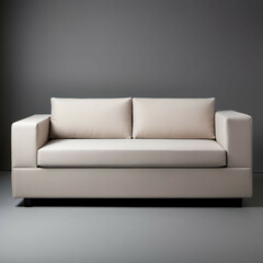 Boxy Sofa – A simple, rectangular sofa with firm cushions and a monochromatic neutral fabric.