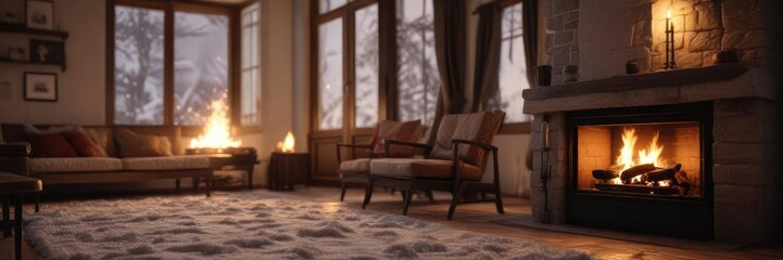 Fototapeta premium Snowy winter evening with a roaring fireplace, snowy night, winter wonderland, warm tones