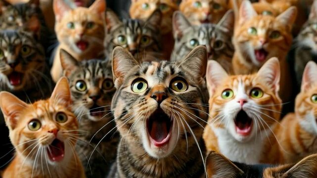 A lot of very surprised domestic cats look with big eyes, surprised and indignant, meowing.