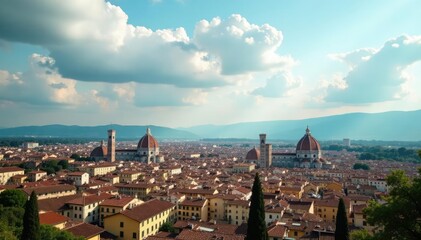 Fototapeta premium Cloudy sky above Florence with terracotta rooftops, CloudyWeather, RuralItaly, FlorenceSky