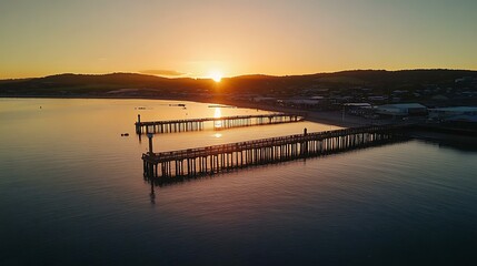 Obraz premium A golden sunset over Port Lincoln, casting a warm glow on the wharf and its shimmering reflection in the quiet sea
