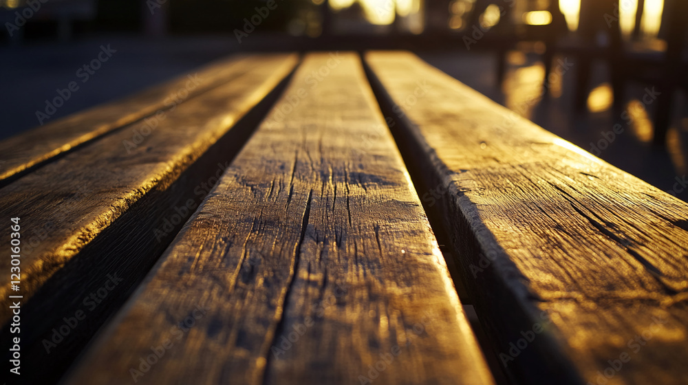 Poster close-up view of a wooden table with textured planks, illuminated by warm sunlight, showcasing a rus