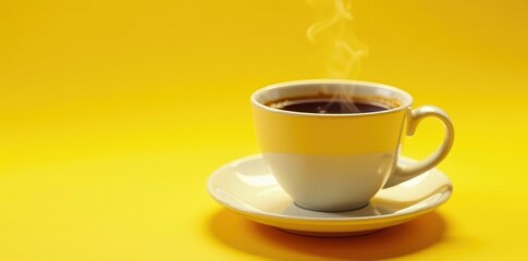 Obraz premium Coffee cup on a bright and cheerful yellow surface with morning sunlight, morning, coffee