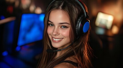 Stylish young woman enjoying her favorite tunes at a gaming competition.