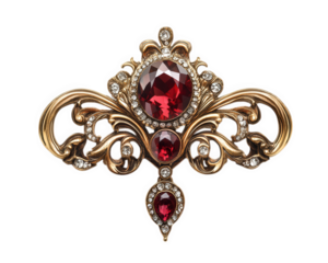 Elegant brooch featuring ornate gold design with red gemstones and rhinestones, perfect for adding touch of vintage glamour to any outfit