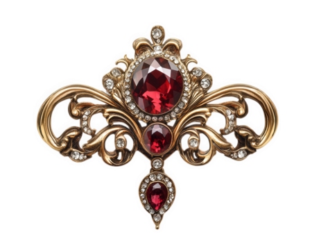 Elegant brooch featuring ornate gold design with red gemstones and rhinestones, perfect for adding touch of vintage glamour to any outfit