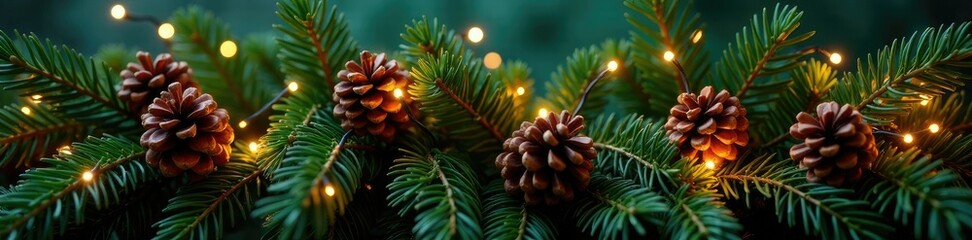Coniferous branch wreath with fairy lights and pinecones, pinecones, evergreen wreaths