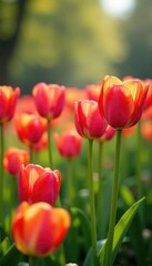 Obraz premium Colorful tulips sway gently in the spring breeze, colorful, spring