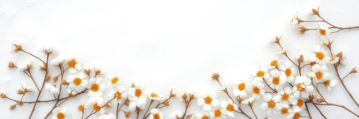 Softly arranged white and gold cotton flowers in a circular pattern on a pristine snowy surface, white cotton flowers, gold accents, frosty decor