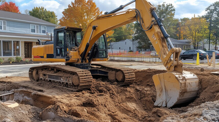 Fototapeta premium Excavator digging deep into the ground on a construction site, surrounded by freshly turned soil and residential structures