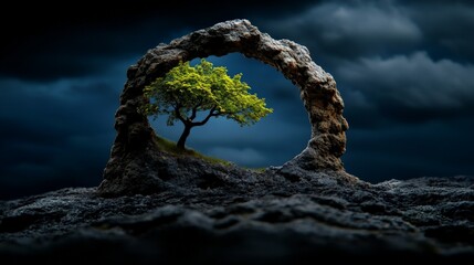 Fototapeta premium Stone Archway: A solitary tree stands tall and proud, framed by a natural stone archway against a backdrop of dramatic, stormy clouds. The composition evokes a sense of mystery, resilience.