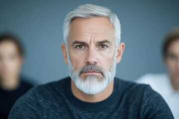 A man with a beard and gray hair is sitting in front of a wall