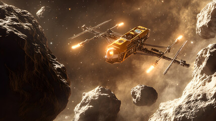 exploration drone scanning an asteroid for scientific research 