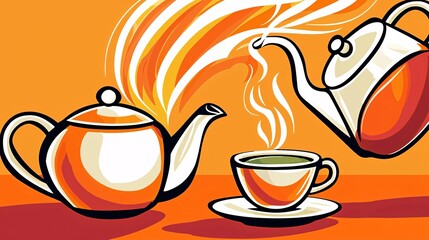 stylized illustration of Dragon Well green tea being poured from a teapot into a small cup, with steam rising. Dragon Well Green Tea 