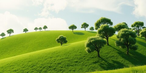 Illustration of a green hill with trees swaying freely in the wind, outdoors, natural scenery, green hill