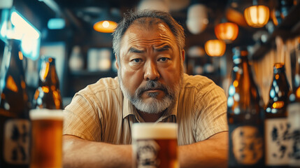 Obraz premium A contemplative man with a serious expression, sitting at a bar with a beer, evoking a sense of reflection in a cozy setting