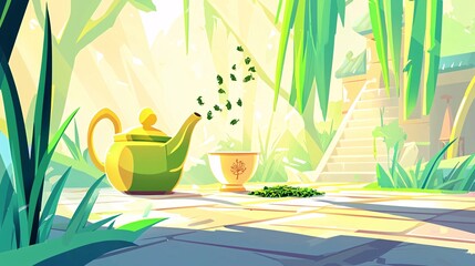 Obraz premium stylized scene of a teapot pouring Dragon Well green tea into an elegant porcelain cup, with tea leaves floating gently in the background. Dragon Well Green Tea 