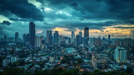 Majestic Metropolis: A Panoramic View of the City Skyline at Dusk
